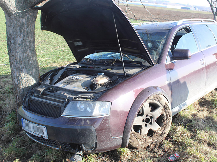 S Audi skončil v poli, pak na stromě „Vybrzdil mě jiný řidič,“  tvrdil muž policistům