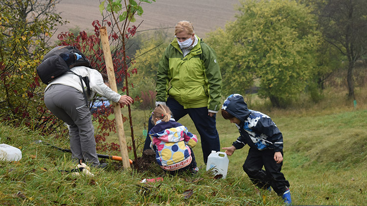 Na Vápenici děti sázely stromy i v dešti