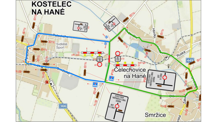 Uzavírka komunikace III/36638 u obce Čelechovice na Hané