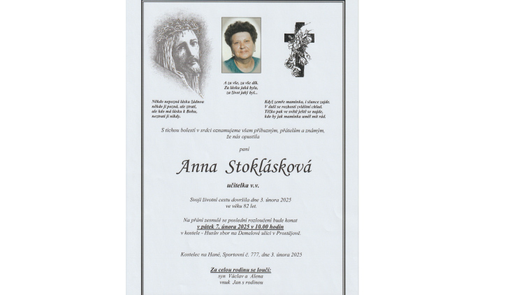 Zemřela Anna Stoklásková, vzácná žena