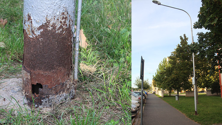 Pozor, padá lampa!  Zkorodované konstrukce hrozí zřícením